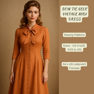 Pode incluir: Vestido midi laranja com decote laço e frente abotoada. O vestido tem mangas três-quartos e uma saia rodada. O texto na imagem diz "BOW TIE NECK VINTAGE MIDI DRESS", "Sewing Patterns" e informações de tamanho.