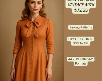 Bow Tie Neck Vintage Midi Dress Sewing Pattern, 1950s Inspired Button Front Dress PDF, Elegant Retro Long Sleeve Dress A4 A0 US Letter