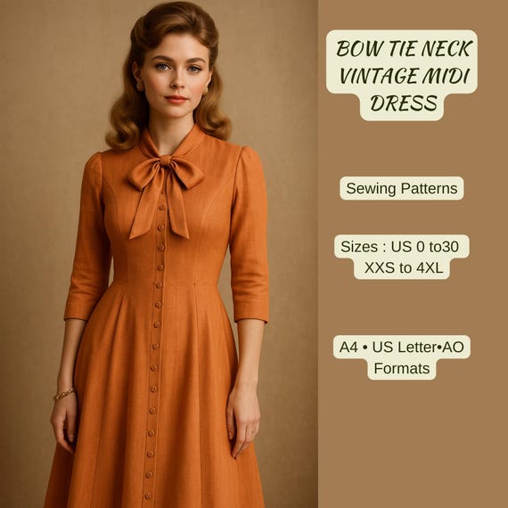 Bow Tie Neck Vintage Midi Dress Sewing Pattern, 1950s Inspired Button Front  Dress PDF, Elegant Retro Long Sleeve Dress A4 A0 US Letter - Etsy