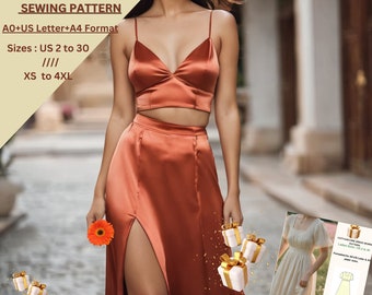 May include: A sewing pattern for a maxi skirt with a slit and a matching crop top. The pattern is available in sizes US 2 to 30 and XS to 4XL. The pattern is for a maxi skirt with a slit and a matching crop top. The pattern is available in sizes US 2 to 30 and XS to 4XL. The pattern is available in A0, US Letter, and A4 formats. The image also includes a free cottagecore dress pattern.