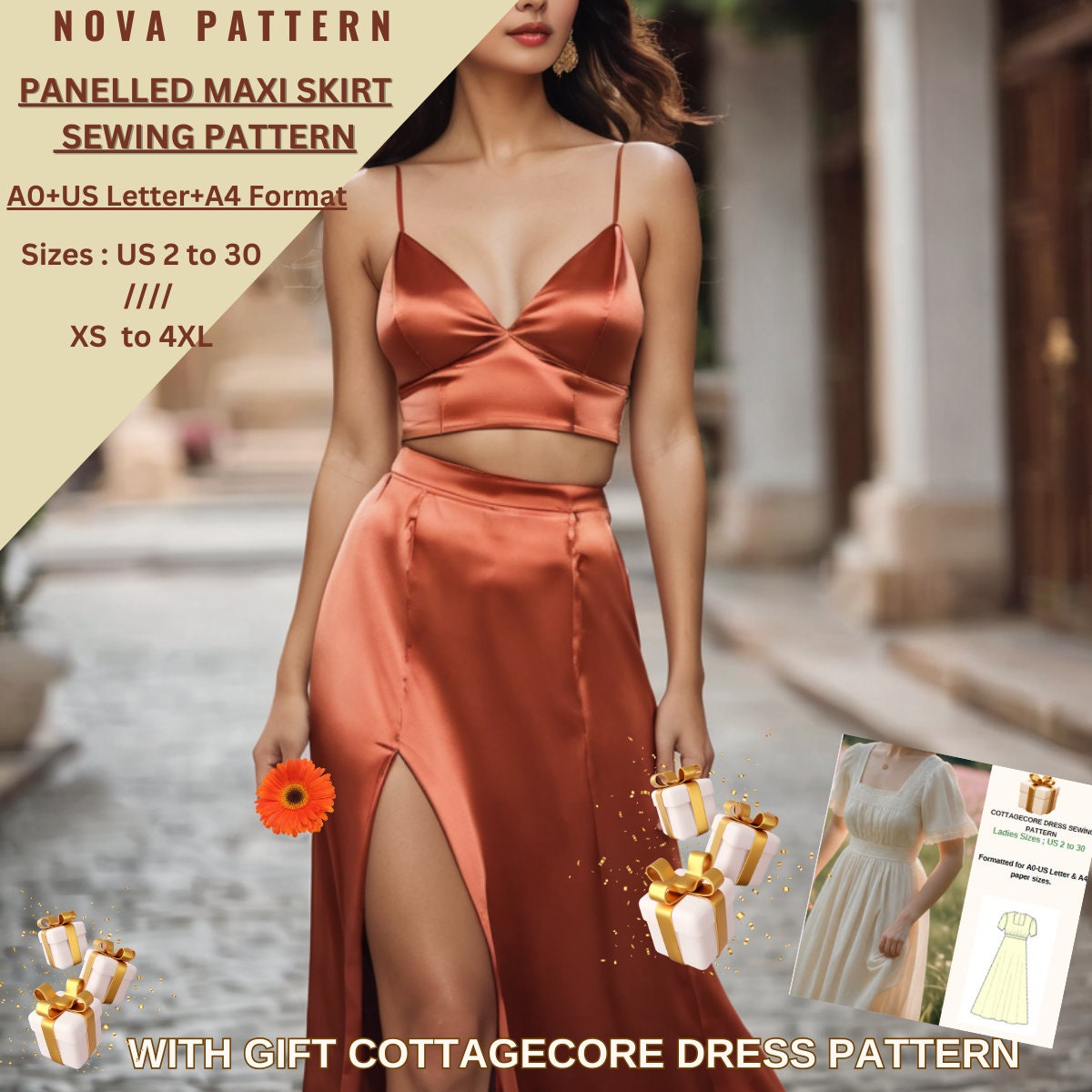 Maxi Front Slit,panelled,flare Skirt Sewing Pattern,ladies