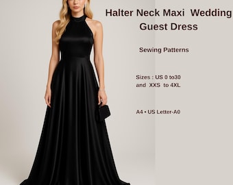 Halter Neck Maxi Dress Sewing Pattern, Elegant Evening Gown or Wedding Guest Dress PDF Pattern A4 A0 US Letter US 2–30