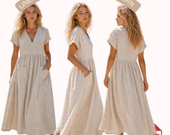 Patrón de costura para vestido largo de lino / Vestido de manga corta con cuello en V y bolsillos / Vestido de verano fácil / Patrón PDF A4 A0 Carta EE. UU.