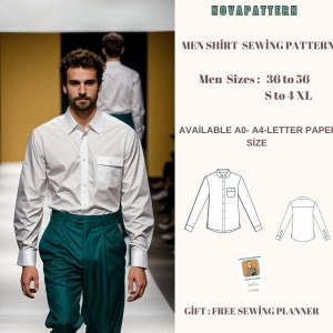 May include: A white long-sleeve shirt sewing pattern for men. The pattern is available in sizes 36 to 56 and S to 4XL. The pattern is available in A0-A4 letter paper size. The image also shows a man wearing a white shirt and green pants. The text "NOVAPATTERN" and "GIFT: FREE SEWING PLANNER" is also visible in the image.