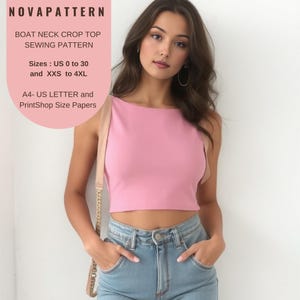 Patrón de costura de top corto con escote barco, talla de mujer (EE. UU. 2 a 30), UE (XS a 4XL), apto para tallas carta de EE. UU. A4, A0, Dxf