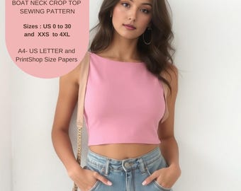 Boat Neck Crop Top Sewing Pattern: Ladies US Size 2-30 (PDF)
