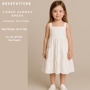 Patrón de costura para vestido de verano de lino fruncido con capas, vestido de niña sin mangas y acampanado, apto para tallas A4-A0-US (DXF), rango de edad: 2-16 años.