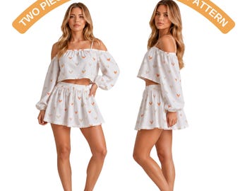 Patrón de costura para conjunto de dos piezas estilo cottagecore, blusa con mangas abullonadas y falda fruncida, conjunto romántico de lino (PDF, tallas XS-4XL, tamaño A4, EE. UU., carta A0)