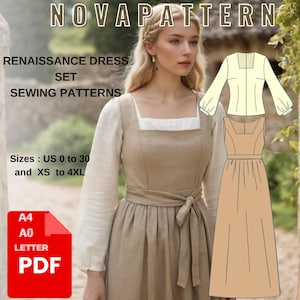 May include: A sewing pattern for a Renaissance dress set, featuring a long-sleeved blouse and a long skirt. The pattern is available in sizes US 0 to 30 and XS to 4XL. The pattern is available in A4, A0, and Letter sizes in PDF format.