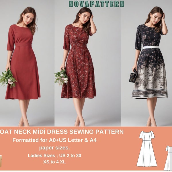 Boat Neck Midi Dress Pattern|Formal dress pattern ,Plus size pattern for sewing-Ladies size US 2 to 30