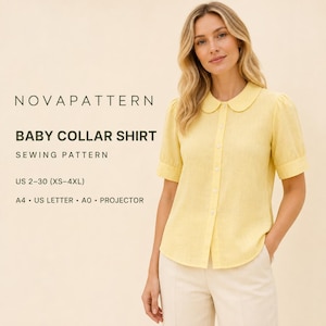 May include: A light yellow short-sleeved shirt with a rounded baby collar and a front button placket. Text reads: NOVAPATTERN BABY COLLAR SHIRT SEWING PATTERN US 2-30 (XS-4XL) A4 US LETTER A0 PROJECTOR. The shirt is worn with light-colored trousers.