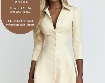 Naaipatroon jurk button-down | Shirtjurk met lange mouwen | Elegante fit & flare-minijurk | PDF-naaipatroon voor dames