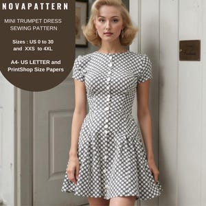 Patrón de costura de vestido mini trompeta vintage, patrón de vestido hasta la rodilla, adecuado para tallas A0-A4-US Carta// Damas; US 2 a 30 // XS a 4XL