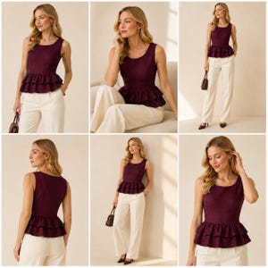 May include: A sleeveless deep burgundy peplum top featuring a round neckline and a double-layered ruffled hem. The bodice is fitted, transitioning into a flared waist detail. The top is paired with cream-colored wide-leg trousers.