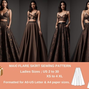 Maxi flare Skirt Sewing Pattern,Ladies Size ; US 2 to 30,  A0 -A4 -US Letter