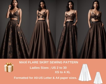 Maxi flare Skirt Sewing Pattern,Ladies Size ; US 2 to 30,  A0 -A4 -US Letter