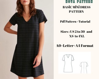 V neck tshirt Dress Sewing Pattern Tee Dress Shift dress pattern, A0- A4- US Letter format -Ladies Size ;US 2 to 30 (XS to 4XL)