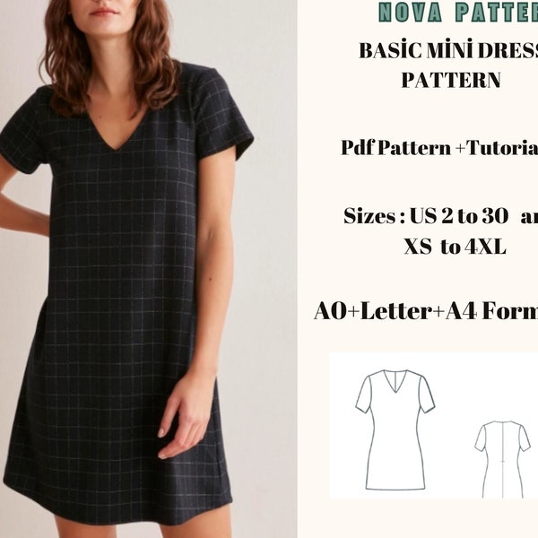 V neck tshirt Dress Sewing Pattern Tee Dress Shift dress pattern, A0- A4- US Letter format -Ladies Size ;US 2 to 30 (XS to 4XL)