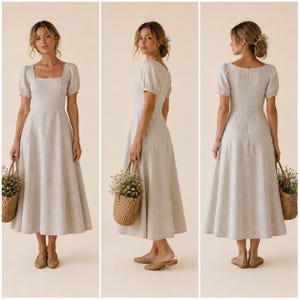 May include: A light beige midi dress featuring short puff sleeves, a square neckline, and a fitted bodice that transitions into a flared skirt. The dress is shown from the front, side, and back, highlighting the simple, solid-coloured fabric.