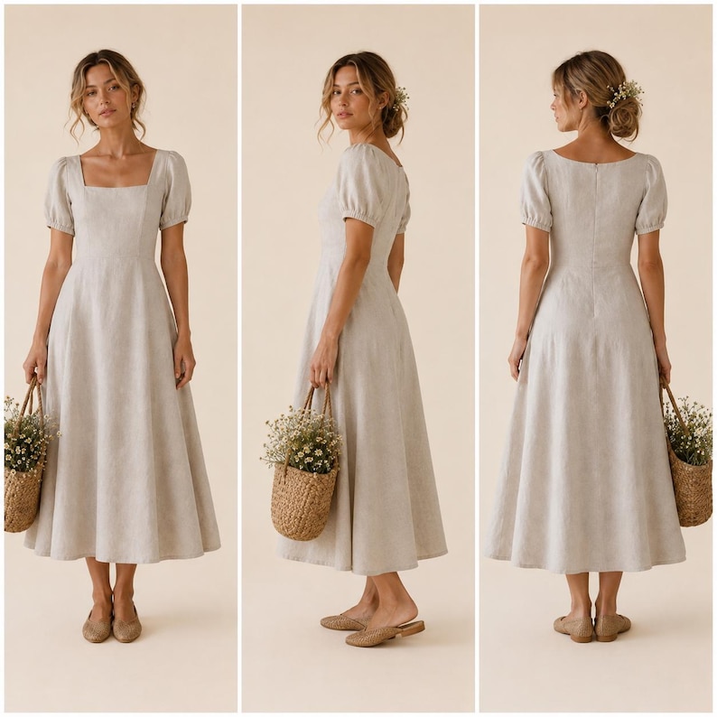 May include: A light beige midi dress featuring short puff sleeves, a square neckline, and a fitted bodice that transitions into a flared skirt. The dress is shown from the front, side, and back, highlighting the simple, solid-coloured fabric.