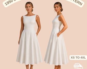 Naaipatroon Sabrina-jurk jaren 1950, vintage boothals fit & flare-jurkpatroon, retro midi-jurk pdf, dames US 2-30 A4 A0 US Letter