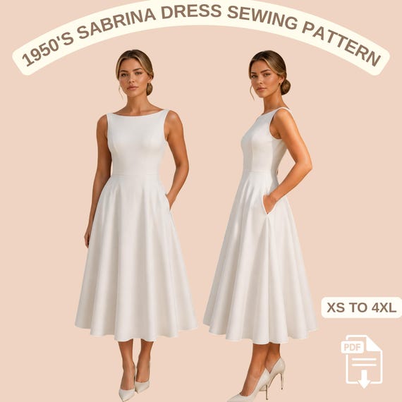 sabrina dress design Hepburn Inspired Sabrina Dress, 1950s Movie Wedding Dress, Black and White Print Bridal Gown