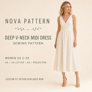 Deep V Neck Midi Dress Sewing Pattern, Elegant Fit and Flare Dress Pattern, Linen Summer Dress PDF, Women US 2-30 A4 A0 US Letter
