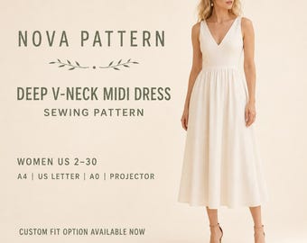 Deep V Neck Midi Dress Sewing Pattern, Elegant Fit and Flare Dress Pattern, Linen Summer Dress PDF, Women US 2-30 A4 A0 US Letter