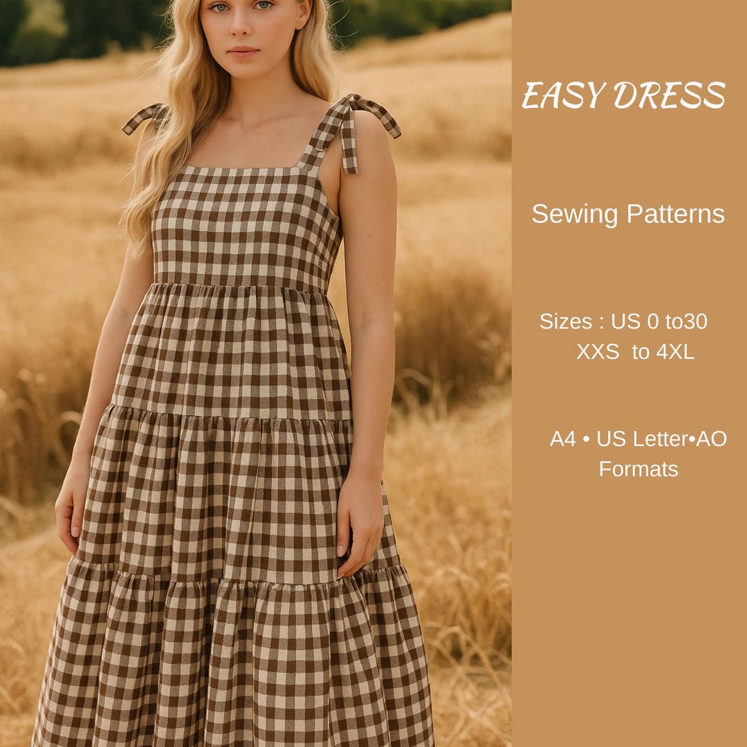 Easy Dress Sewing Pattern | Tiered Midi Dress PDF | Gingham Summer Dress Pattern | Cottagecore Style Outfit | Beginner Friendly Sewing - Etsy UK
