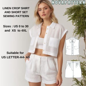 以下が含まれることがあります： 白いリネン製のクロップドシャツとショートパンツの縫製パターンセット。パターンには、USサイズ0〜30、XS〜4XLが含まれています。パターンは、USレター、A4、A0の用紙サイズに適しています。