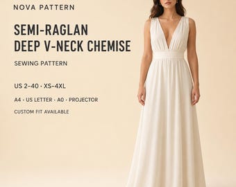 Empire Waist Maxi Dress Sewing Pattern, Deep V Neck Boho Goddess Dress Pattern, Elegant Chemise Gown PDF, Women US 2-30 A4 A0 US Letter