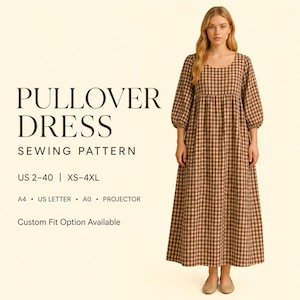 Pullover Dress Sewing Pattern | Puff Sleeve Midi or Maxi Dress | Cottagecore Prairie Style | PDF Pattern A4 A0 US Letter-Size XS to 4XL
