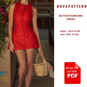 Button Down Circle Neck Mini Dress Sewing Pattern,Ladies Size;( US2 to 30 )-EU(XS to 4XL)-Suitable for US Letter-A4-A0-Dxf