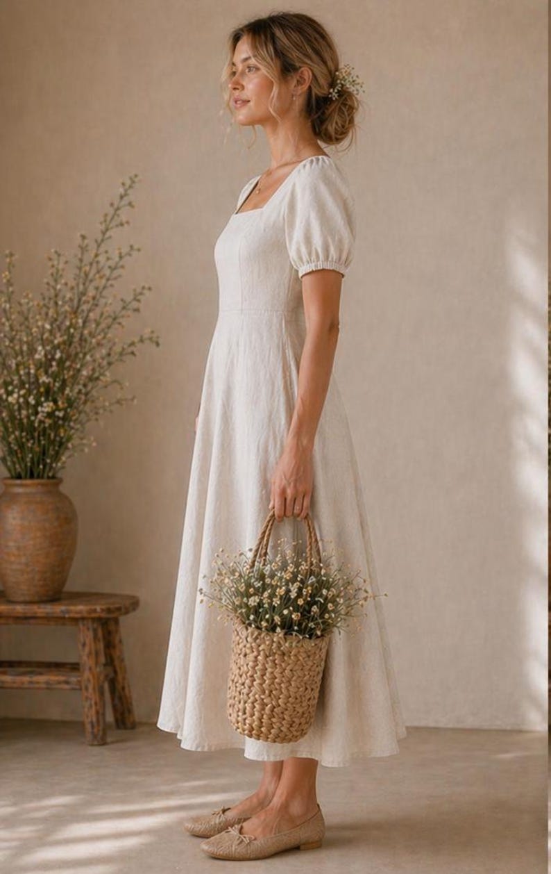 May include: A cream-coloured midi dress with short puff sleeves, a square neckline, and a fitted bodice that flows into a full skirt. The dress is made of a textured fabric and is paired with beige flat shoes and a woven straw basket filled with flowers.