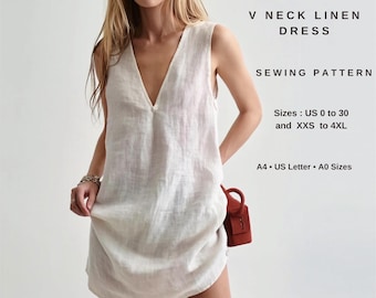 Linen V Neck Mini Dress Sewing Pattern, Sleeveless Summer Dress Pattern, Relaxed Fit Tunic Dress PDF, Women US 2-30, A4 A0 US Letter