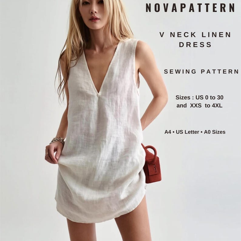 May include: A sewing pattern for a V-neck linen dress. The pattern includes sizes US 0 to 30 and XXS to 4XL. The pattern is available in A4, US Letter, and A0 sizes.  NOVAPATTERN.