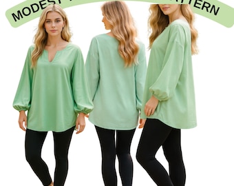 Modest Tunic Sewing Pattern | Women’s Loose Fit Blouse or Mini Dress | Long Bishop Sleeve Top | PDF Pattern A4 A0 US Letter | US 2 to 30