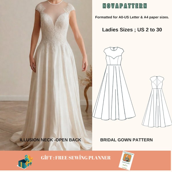 Illusion Neck Bridal Gown Maxi Dress Sewing Pattern,range of size options US 2 to 30 and XS to 4XL,Suitable A0- A4-US Letter paper format