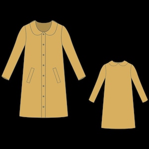 May include: A tan long-sleeved coat with a rounded collar, a central vertical button placket, and two front pockets, shown alongside a matching tan long-sleeved dress with a rounded collar, both presented as flat technical fashion illustrations.