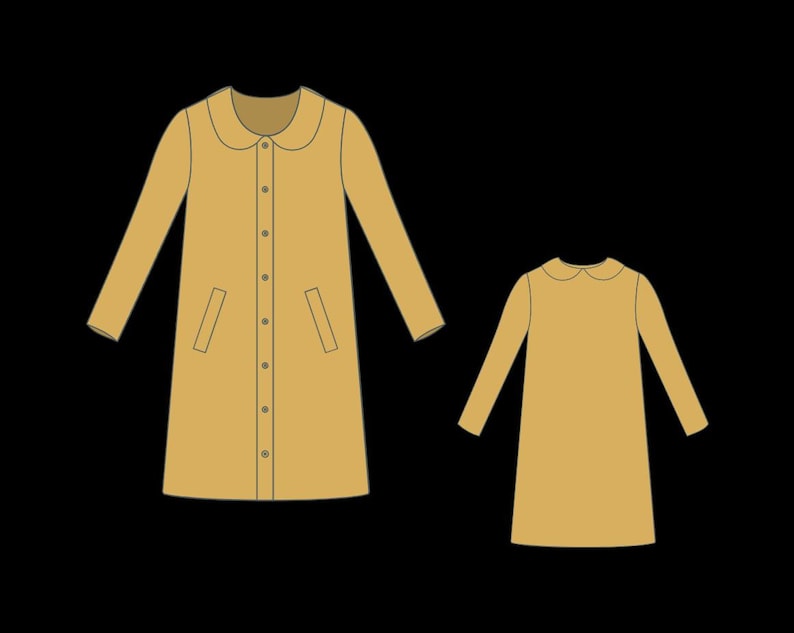 May include: A tan long-sleeved coat with a rounded collar, a central vertical button placket, and two front pockets, shown alongside a matching tan long-sleeved dress with a rounded collar, both presented as flat technical fashion illustrations.