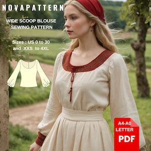 Puede incluir: Un patrón de costura para una blusa de cuello redondo ancho y mangas largas. El patrón está disponible en las tallas españolas 34 a 54 y XXS a 4XL. El patrón está impreso en papel tamaño carta A4-A0 y está en formato PDF.
