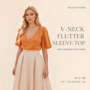V Neck Blouse Sewing Pattern | Women’s Deep V Linen Top | Flutter Sleeve Summer Blouse | PDF Pattern A4 A0 US Letter