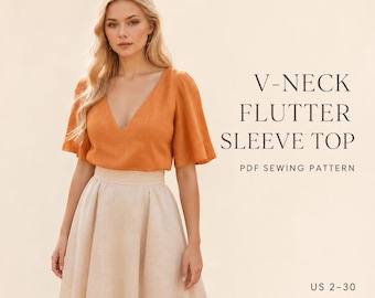 Patrón de costura para blusa con escote en V / Top de lino para mujer con escote en V profundo / Blusa de verano con mangas acampanadas / Patrón en PDF A4 A0 Carta estadounidense