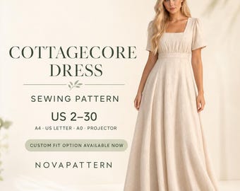 Naaipatroon voor een jurk in cottagecore-stijl | Maxi-jurk met vierkante hals en pofmouwen | Romantische prairie-stijl | PDF-naaipatroon voor dames