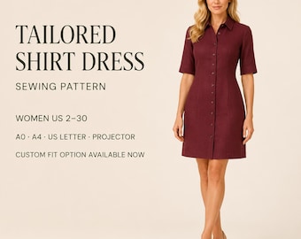 Button Down Dress Sewing Pattern | Long Sleeve Shirt Dress | Elegant Fit and Flare Mini Dress | PDF Sewing Pattern for Women