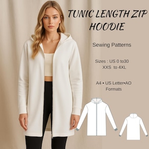 Peut inclure: Un sweat à capuche zippé de longueur tunique de couleur crème avec une fermeture éclair sur toute la longueur. L'image comprend le texte "TUNIC LENGTH ZIP HOODIE" et "Sewing Patterns". Le sweat à capuche est porté par une personne portant des leggings noirs. Tailles US 0 à 30, XXS à 4XL.