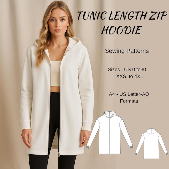 Tunic Length Zip Hoodie Sewing Pattern, Long Hooded Sweatshirt PDF, Casual Zip Jacket, Women’s Hoodie Pattern A0 A4 US Letter, XS–4XL