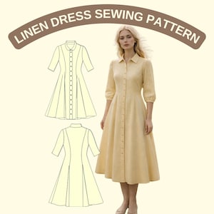 Shirt Dress Sewing Pattern, Button Front Midi Dress PDF, Linen Dress Pattern, Vintage Style, A4 A0 US Letter :Size US 2 to 30