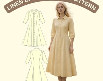 Shirt Dress Sewing Pattern, Vintage Style Button Front Midi Dress (PDF Download)