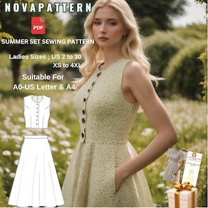 Patrón de conjunto de verano de chaleco y falda midi Cottagecore, adecuado para tamaños A0-A4-Letter; EE. UU. 2 a 30 (nuestra colección incluye opciones de tallas grandes)
